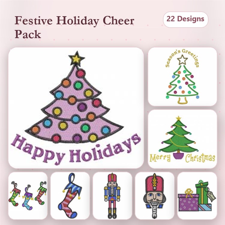 Holiday Decorations Embroidery Designs Bundle – Christmas Trees, Stocking, Nutcracker & More (22 Designs)