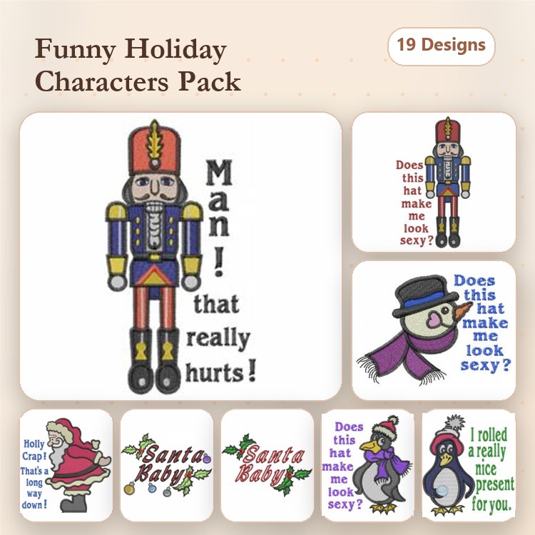 Funny Holiday Characters Embroidery Designs Bundle – Nutcracker, Santa Baby, Penguin & More (19 Designs)