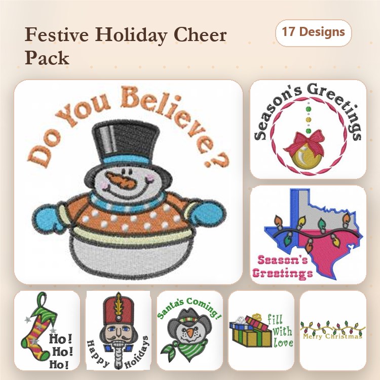 Holiday Themed Embroidery Designs Bundle – Snowman with Top Hat, Season's Greetings Ornament, Christmas Stocking & More (17 Designs)