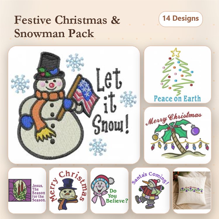 Christmas Snowman Embroidery Designs Bundle – Snowman with Flag, Christmas Tree, Merry Christmas Text & More (14 Designs)