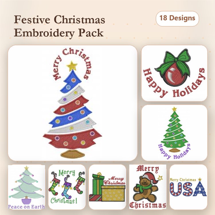 Festive Christmas Embroidery Designs Bundle – Christmas Tree, Merry Christmas Text, Happy Holidays Ornament & More (18 Designs)