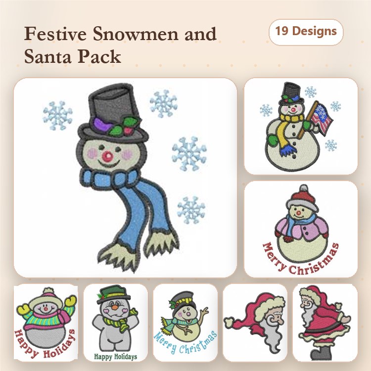 Snowman & Santa Christmas Embroidery Designs Bundle – Snowman with Scarf, Santa Claus with Present & More (19 Designs)