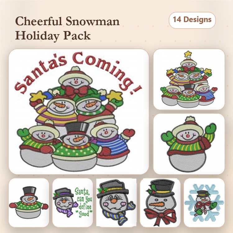 Cheerful Snowman Embroidery Designs Bundle – Snowman Family, Santa's Coming Snowman, & More (14 Designs)