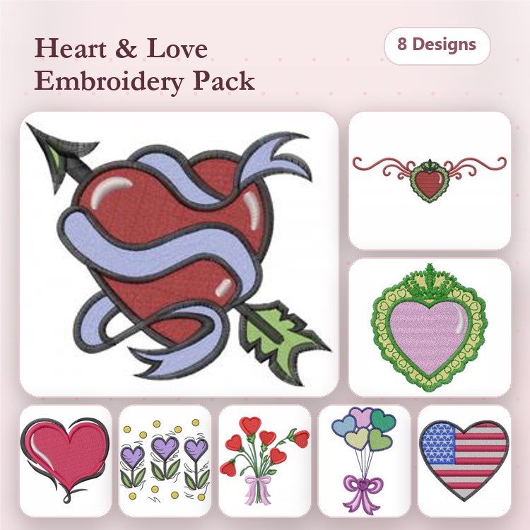 Hearts & Love Embroidery Designs Bundle – Heart with Ribbon, Decorative Heart, Heart with Flowers & More (8 Designs)