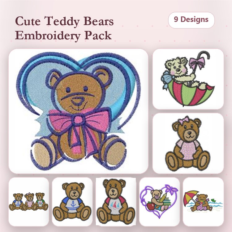 Cute Teddy Bears Embroidery Designs Bundle – Teddy Bear with Bow, Teddy Bear with Umbrella, & More (9 Designs)