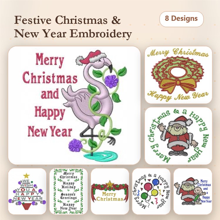 Christmas and New Year Embroidery Bundle – Flamingo with Christmas Hat, Merry Christmas Wreath, Santa Claus Greeting & More (8 Designs)