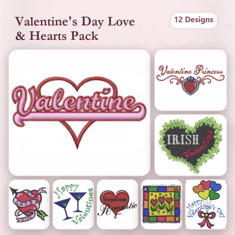 Valentine's Day Embroidery Designs Bundle – Cupid's Heart, Valentine Princess, Valentine's Gift Box & More (12 Designs)