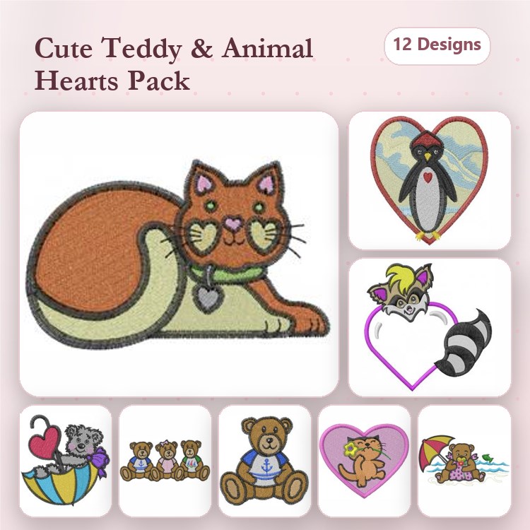 Teddy and Animal Hearts Embroidery Designs Bundle – Cat with Heart, Penguin in Heart, Raccoon with Heart & More (12 Designs)