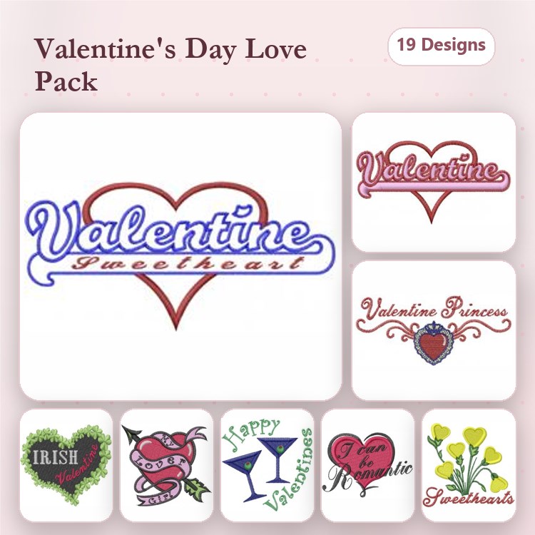 Valentine's Day Embroidery Designs Bundle – Sweetheart, Princess, Irish Heart, Cheers Glasses & More (19 Designs)