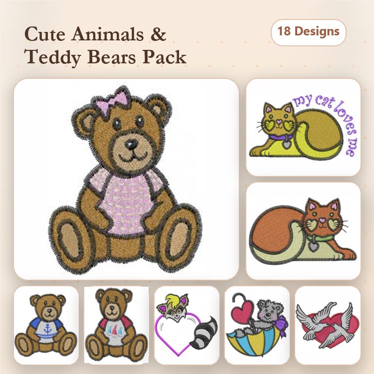 Cute Animals & Teddy Bears Embroidery Designs Bundle – Teddy Bear with Bow, Cat with Heart, Bird in Flight & More (18 Designs)