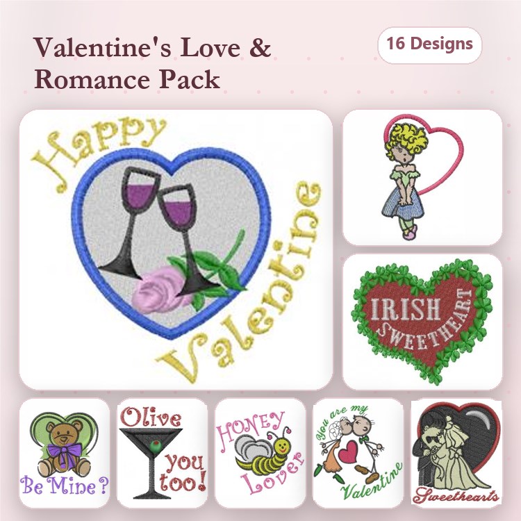 Valentine's Love and Romance Embroidery Designs Bundle – Happy Valentine, Be Mine Bear, Olive You Too & More (16 Designs)