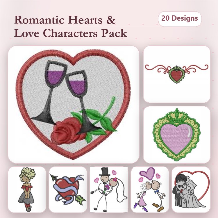 Romantic Hearts & Love Characters Embroidery Designs Bundle – Heart with Wine Glasses, Couple in Love, Groom and Bride & More (20 Designs)