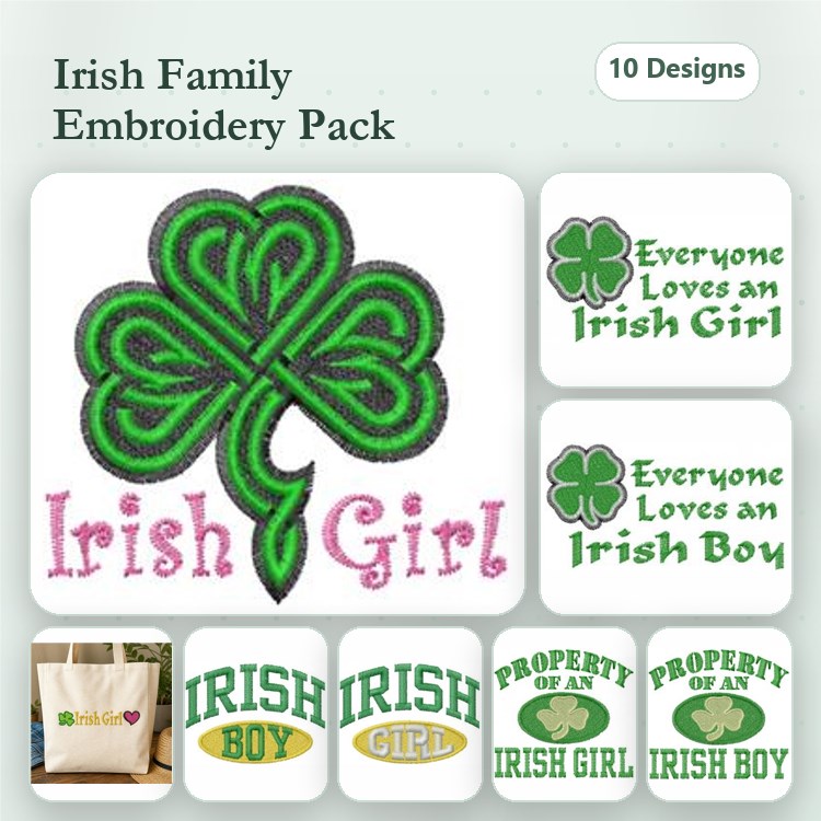 Irish Family Embroidery Designs Bundle – Shamrock, Irish Girl, Irish Boy & More (10 Designs)