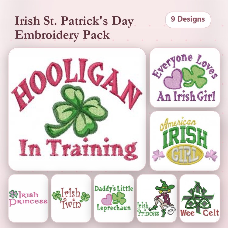 Hooligan in Training & Irish Themes Embroidery Designs Bundle – Everyone Loves An Irish Girl, Daddy's Little Leprechaun & More (9 Designs)