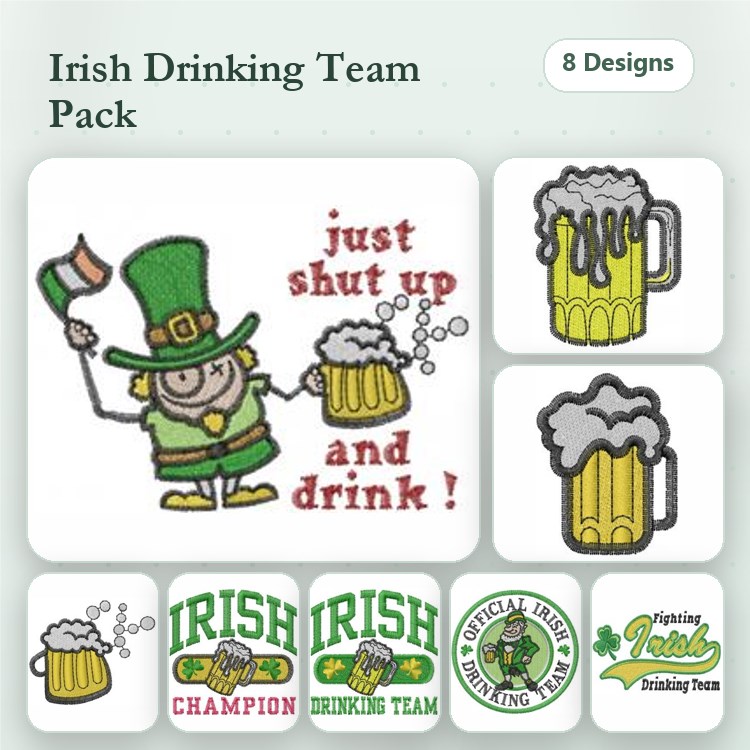 Irish Drinking Theme Embroidery Designs Bundle – Leprechaun with Mug, Beer Mug with Foam, Shut Up and Drink & More (8 Designs)