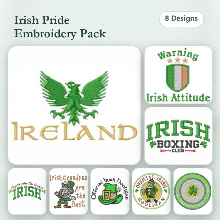 Irish Pride Embroidery Designs Bundle – Irish Eagle, Shamrock Emblem, Irish You Were Beer & More (8 Designs)