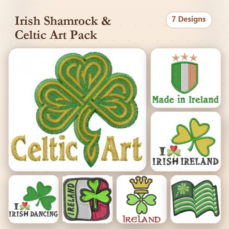 Irish Shamrock & Celtic Art Embroidery Designs Bundle – I Love Irish Ireland, Irish Dancing, Celtic Shield & More (7 Designs)