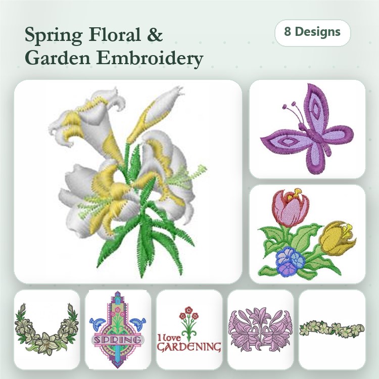 Spring Floral Embroidery Designs Bundle – Lily Bouquet, Butterfly, Tulip Cluster & More (8 Designs)