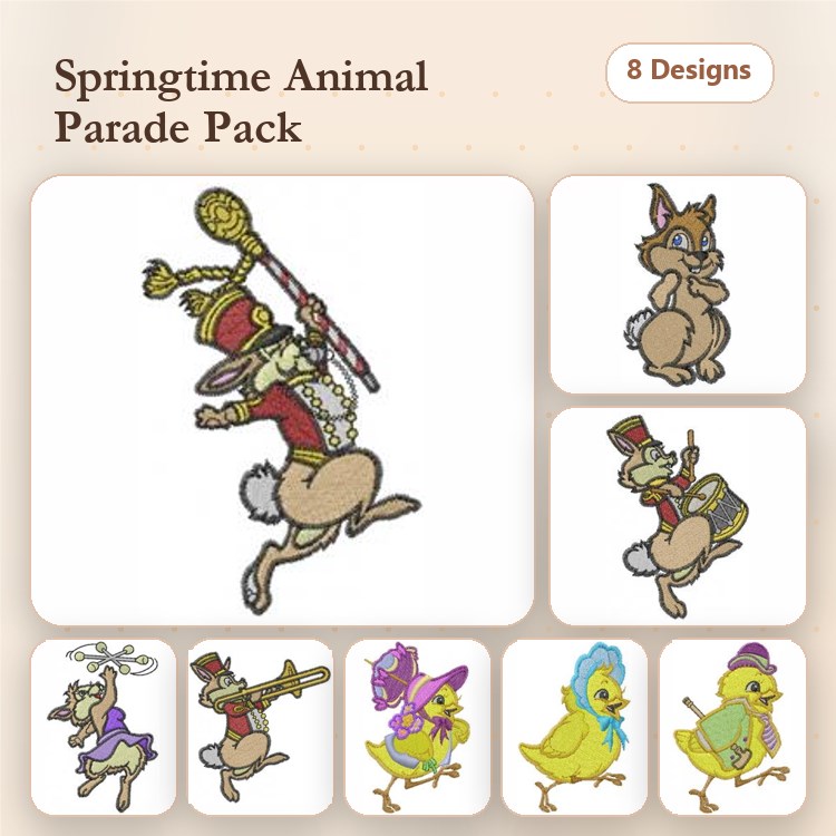 Springtime Animal Characters Embroidery Designs Bundle – Rabbit with Baton, Chick with Hat, Bunny with Flower & More (8 Designs)