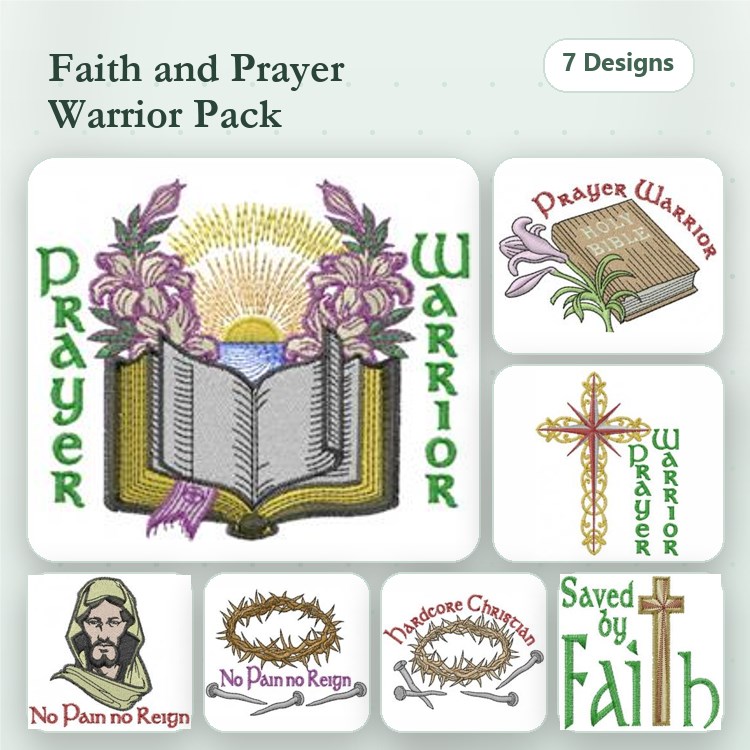 Faith and Prayer Embroidery Designs Bundle – Prayer Warrior, Cross with Faith, Prayer Book with Flowers & More (7 Designs)
