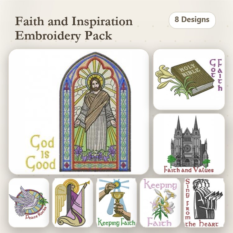 Faith & Inspiration Embroidery Designs Bundle – Stained Glass Jesus, God is Good, Holy Bible & More (8 Designs)