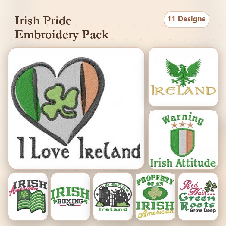 Irish Pride Embroidery Bundle – I Love Ireland Heart, Irish Attitude Warning, Shamrock & More (11 Designs)