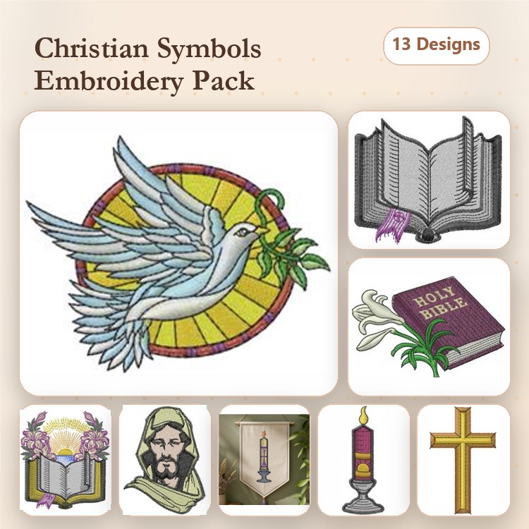 Christian Symbols Embroidery Designs Bundle – Dove, Open Bible, Cross & More (13 Designs)
