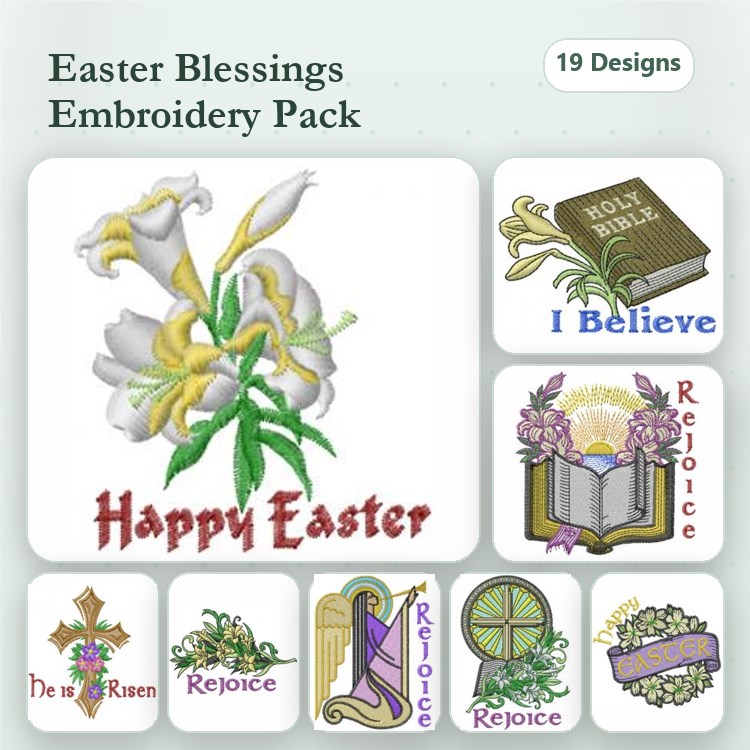 Easter Embroidery Designs Bundle – Easter Lily, Happy Easter, Holy Bible & More (19 Designs)
