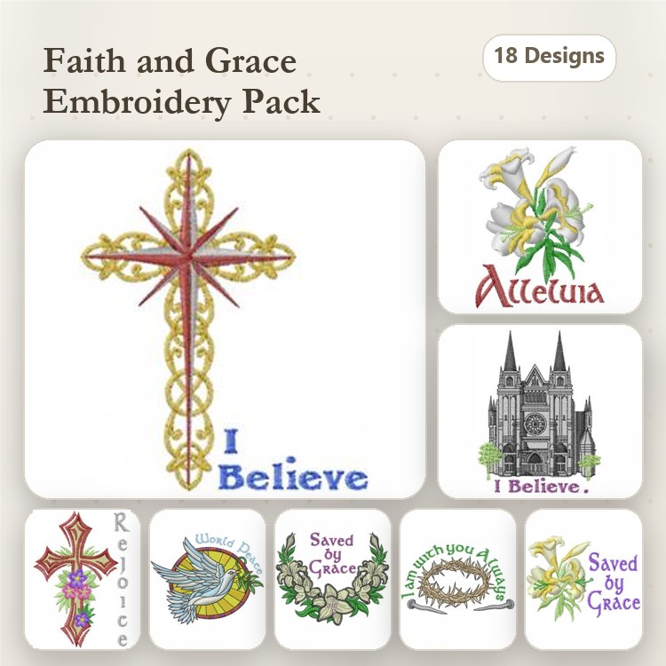 Religious Symbols Embroidery Designs Bundle – Cross with I Believe, Alleluia Floral, Rejoice Cross & More (18 Designs)