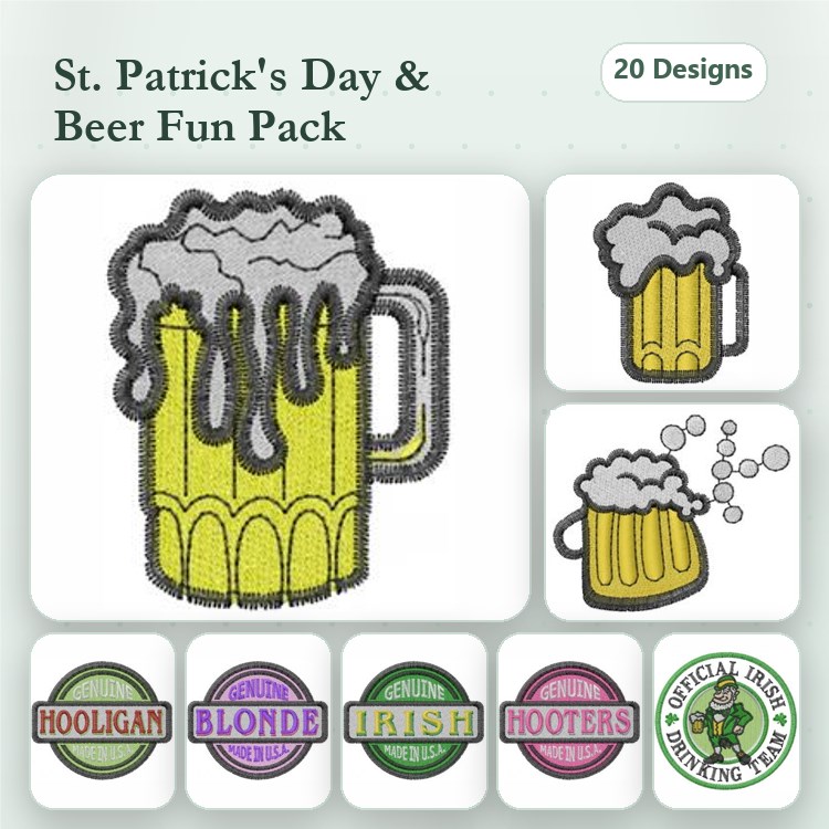 St. Patrick's Day Beer Embroidery Designs Bundle – Beer Mug with Foam, Beer Mug with Bubbles & More (20 Designs)