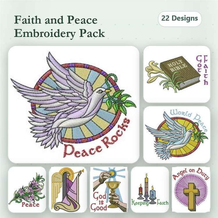 Faith & Peace Embroidery Designs Bundle – Dove with Olive Branch, Holy Bible, World Peace & More (22 Designs)