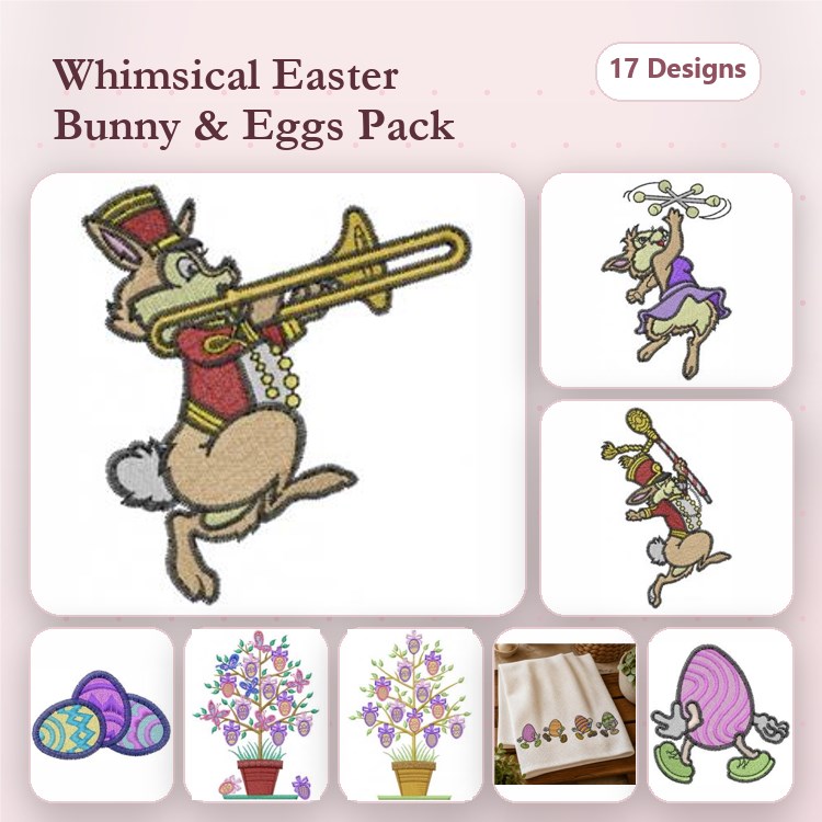 Easter Bunny & Eggs Embroidery Designs Bundle – Bunny with Trombone, Dancing Bunny, Decorated Easter Egg & More (17 Designs)