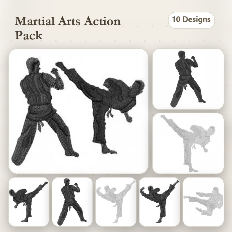 Martial Arts Action Embroidery Designs Bundle – Kick, Punch, Action Poses & More (10 Designs)