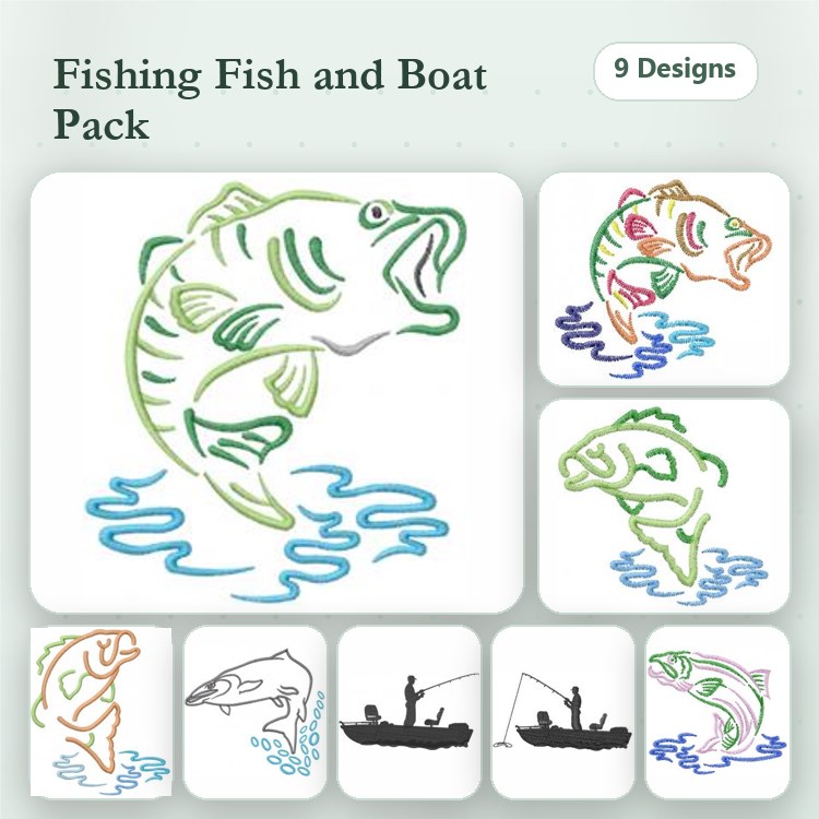 Fishing Adventure Embroidery Designs Bundle – Leaping Fish, Fishing Boat, Aquatic Thrill & More (9 Designs)