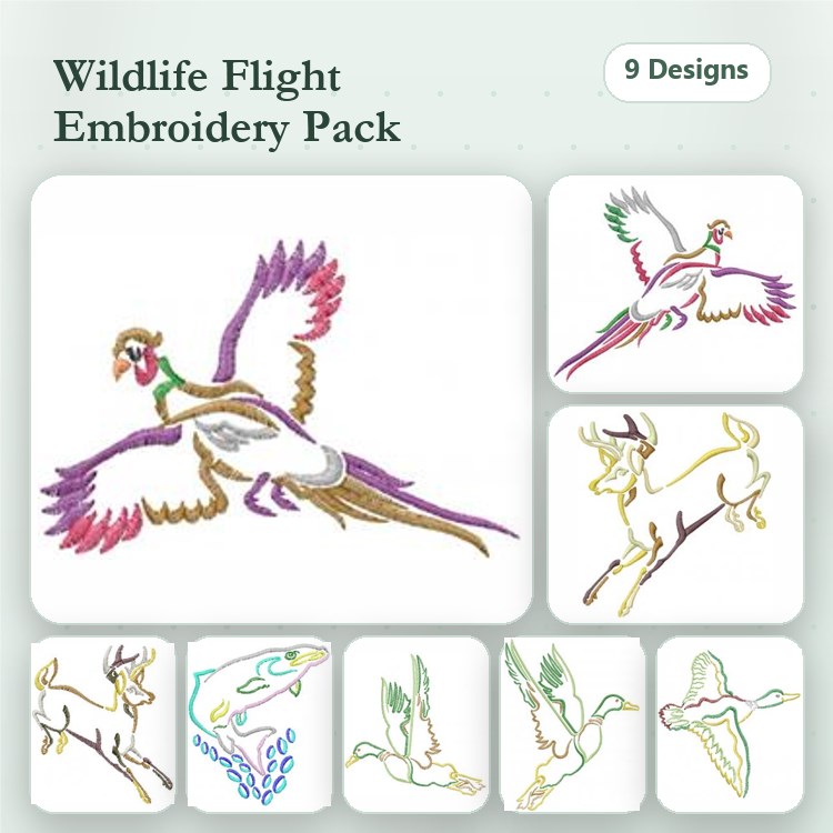 Redwork Wildlife and Bird Embroidery Designs Bundle – Flying Bird, Colorful Bird, Deer Stag & More (9 Designs)