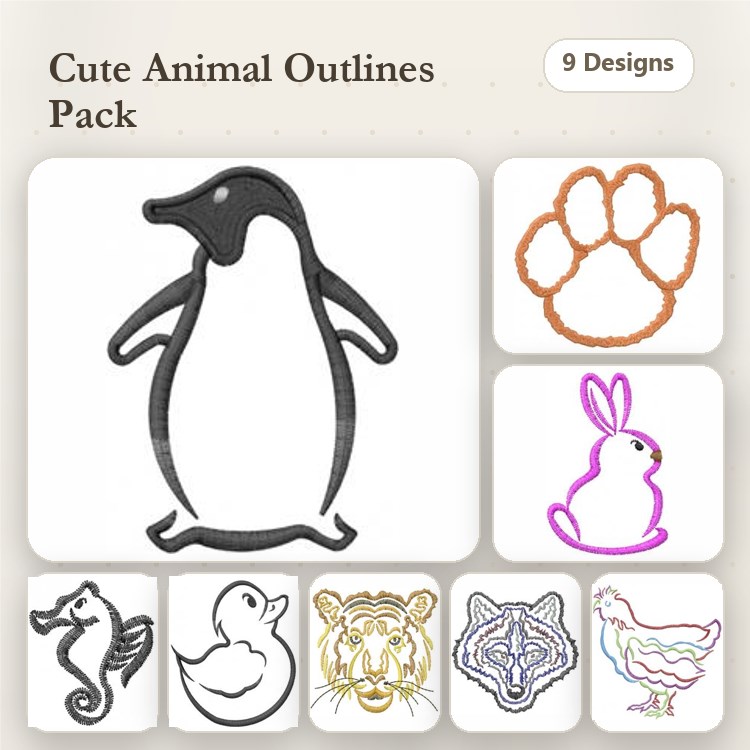 Redwork Cute Animal Embroidery Bundle – Penguin, Rabbit, Duck, Tiger & More (9 Designs)