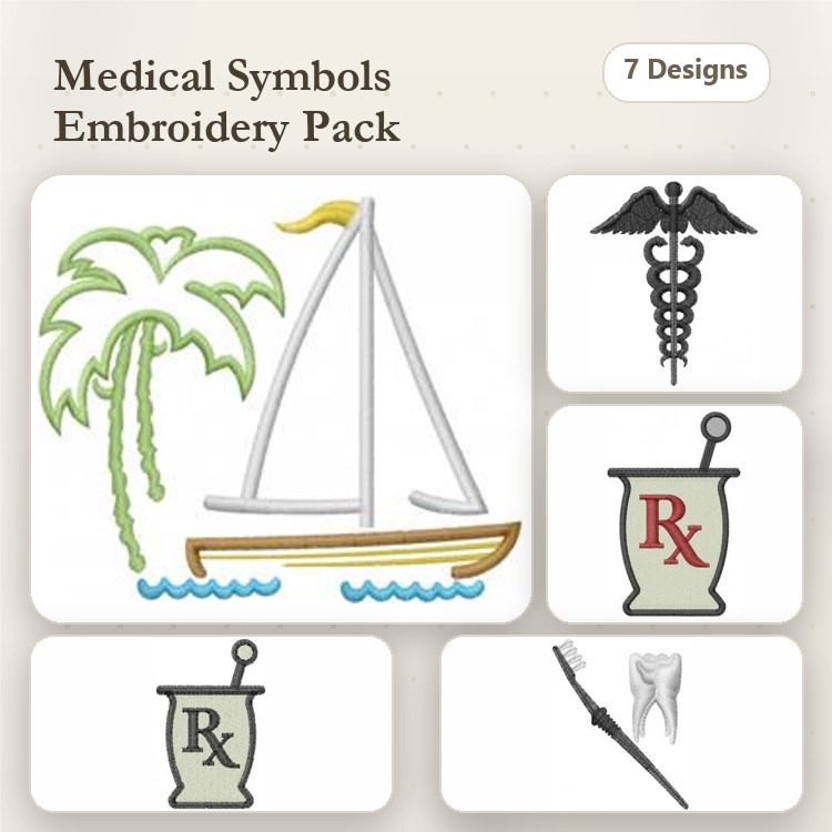 Medical Symbols Embroidery Designs Bundle – Caduceus Symbol, Prescription Symbol, Stethoscope & More (7 Designs)