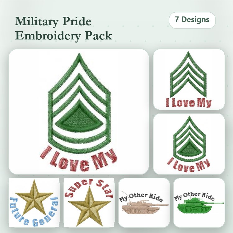 Military Pride Embroidery Bundle – Sergeant Stripe, Future General Star, Super Star & More (7 Designs)