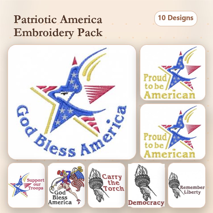Patriotic America Embroidery Designs Bundle – God Bless America, Support our Troops, Carry the Torch & More (10 Designs)