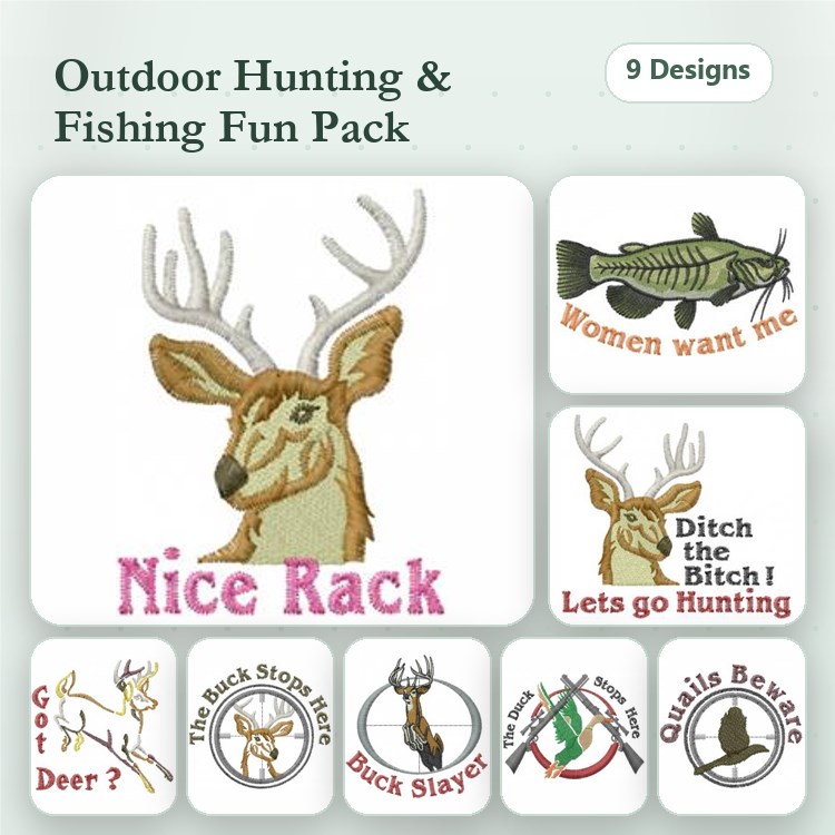 Outdoor Hunting & Fishing Embroidery Designs Bundle – Nice Rack Deer, Got Deer?, Buck Slayer & More (9 Designs)