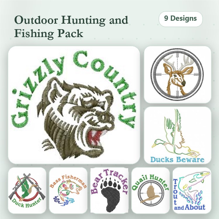 Outdoor Hunting and Fishing Embroidery Bundle – Grizzly Bear, Bass Fisherman, Duck Hunter & More (9 Designs)