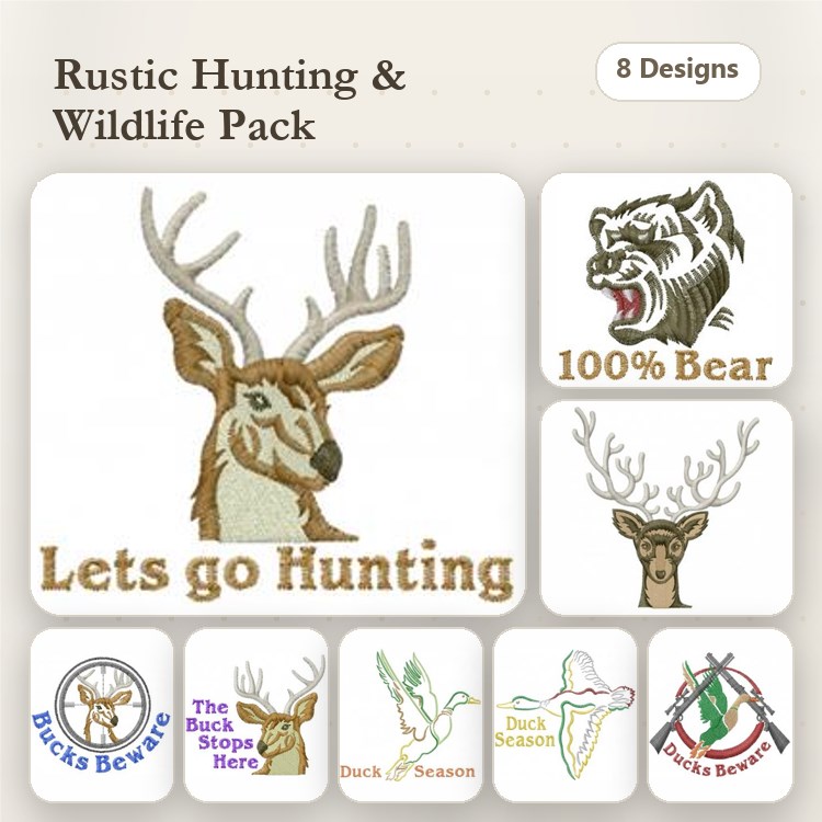 Hunting & Wildlife Embroidery Designs Bundle – Deer Head, Bear, Lets go Hunting & More (8 Designs)