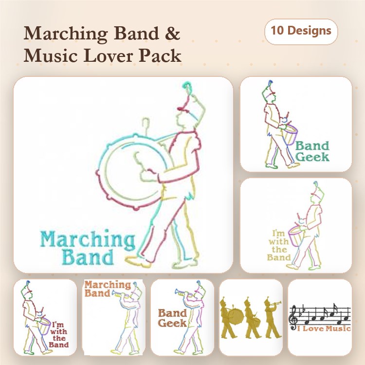 Redwork Marching Band Embroidery Designs Bundle – Marching Band Drummer, Band Geek, I'm with the Band & More (10 Designs)