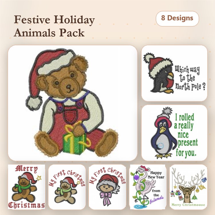 Festive Holiday Animals Embroidery Bundle – Teddy Bear, Penguin, Santa Dog & More (8 Designs)