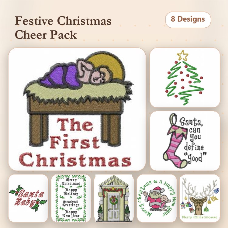 Christmas Sayings & Symbols Embroidery Designs Bundle – Nativity Scene, Christmas Tree, Santa Claus & More (8 Designs)