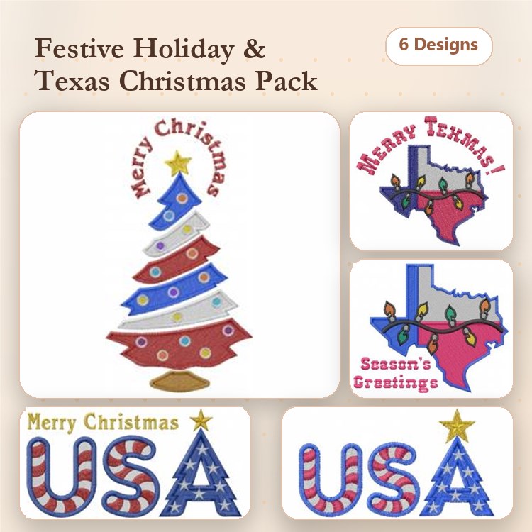 Christmas & Texas Embroidery Designs Bundle – Christmas Tree, Merry Christmas, Texas State & More (6 Designs)