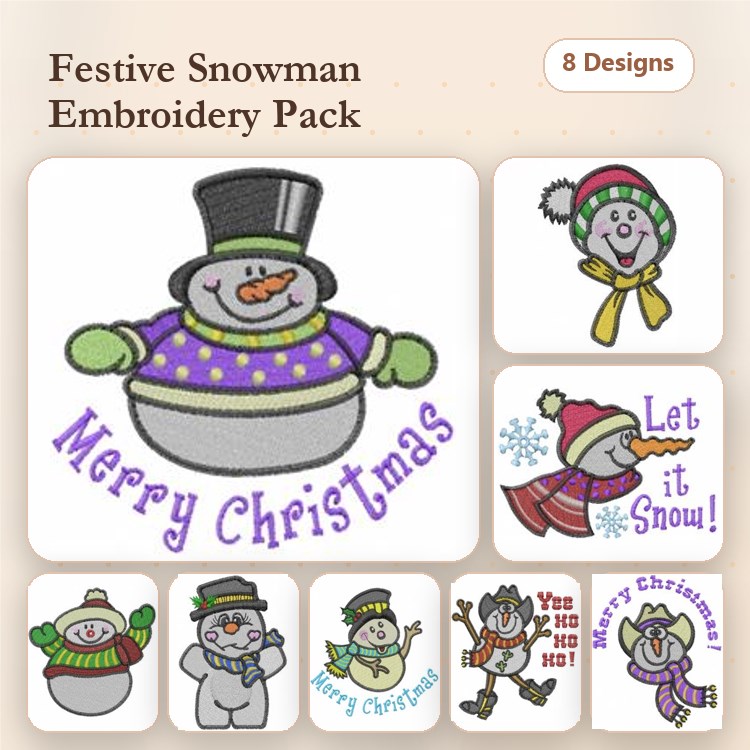 Festive Snowman Embroidery Designs Bundle – Snowman with Top Hat, Merry Christmas Snowman, Happy Snowman & More (8 Designs)