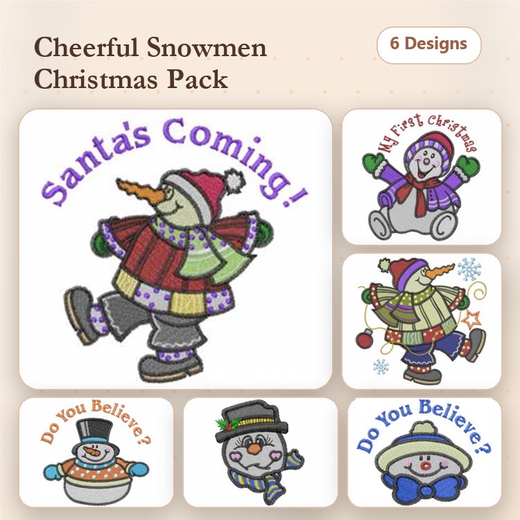 Cheerful Snowman Embroidery Designs Bundle – Santa's Coming Snowman, Merry Christmas Snowman, Happy Snowman & More (6 Designs)