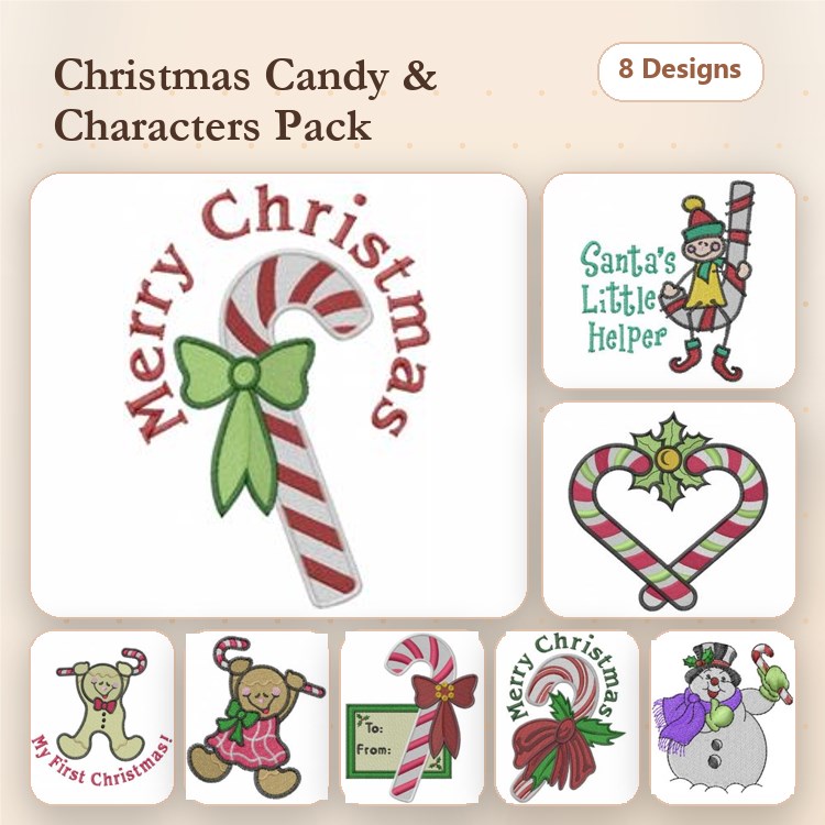 Christmas Candy Characters Embroidery Designs Bundle – Candy Cane, Gingerbread Girl, Santa's Little Helper & More (8 Designs)