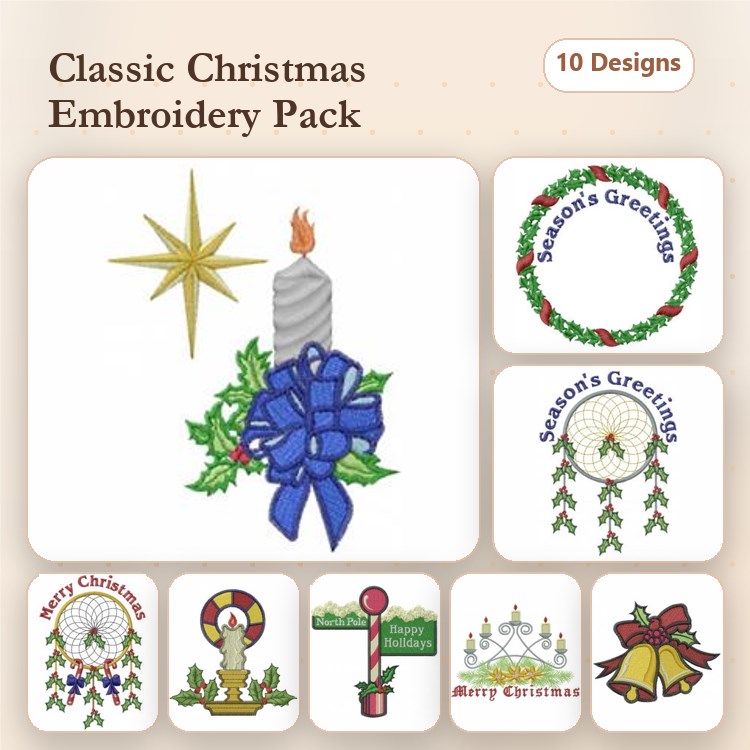 Classic Christmas Embroidery Designs Bundle – Christmas Candle, Wreath, Star & More (10 Designs)